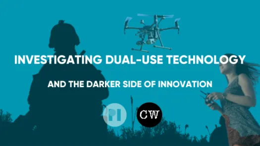 Image collage of drone, military personnel, and woman with remote